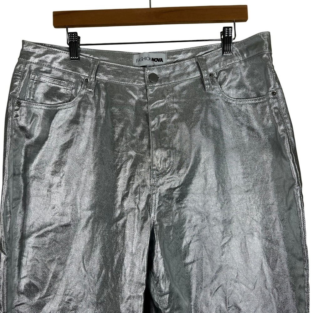 Fashion Nova Silver Metallic Pants Womens 16 Straight Leg Y2K Futuristic Rave - Picture 3 of 6